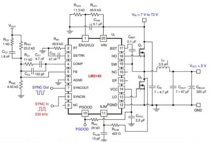 Application Circuit 1 With LM5145 48-V to 5-V, 20-A Buck Regulator at 230 kHz